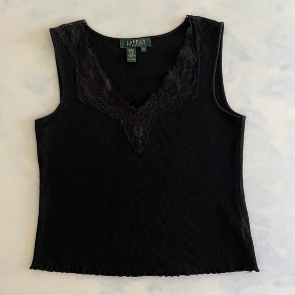Ralph Lauren Black Lace Trim Cropped Tank Top - Picture 1 of 4
